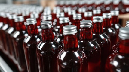 Factory conveyor line filled with identical red bottles for mass production and industrial packaging process