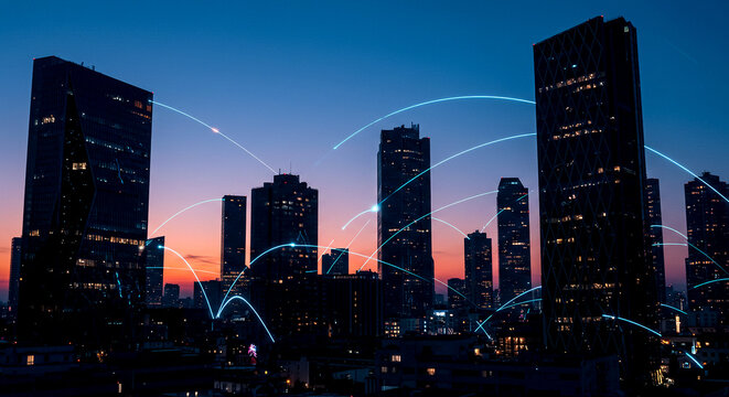 smart city skyline technology network data connection - Powered by Adobe