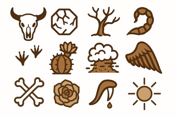 Fototapeta premium Collection of desert-inspired symbols featuring skull, cactus, and sun