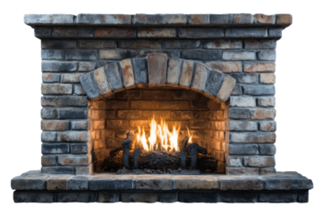 Cozy fireplace setup living room home decor indoor close-up warmth. Isolated on transparent background, png.
