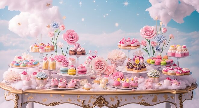 A delightful array of pastel-colored desserts displayed on tiered stands.