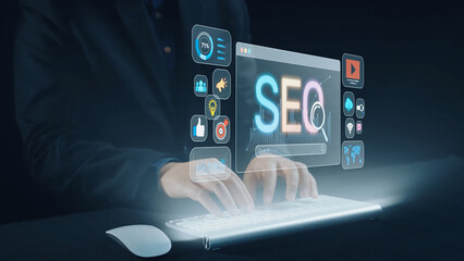 SEO concept for improving SEO visibility, with SEO related digital tools and SEO performance icons...