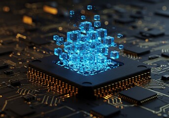 Blue data cubes emerging from a computer chip on a circuit board, representing digital transformation