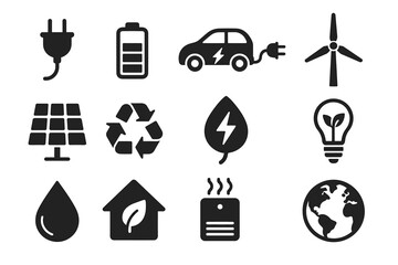 Sustainable energy icons: electric car, solar panel, wind turbine, recycling, eco-friendly symbols