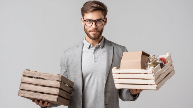 Smiling businessman holding delivery cardboard boxes isolated on white background online shipping concept