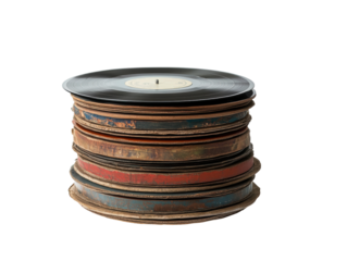 Vintage stack of records and  reels.