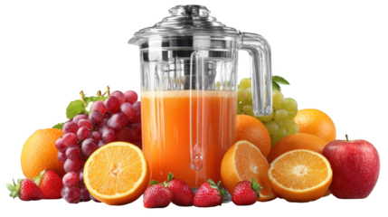 Vibrant orange smoothie, blending fresh fruit in a blender on dark kitchen countertop