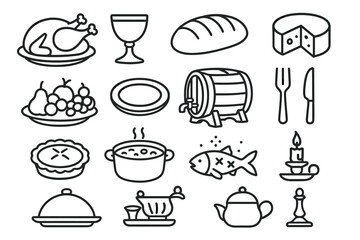Outline icons of food and dining: chicken, wine, bread, cheese, fruits, candle, and more