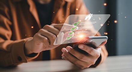 Person analyzing financial data on a smartphone with augmented reality overlay