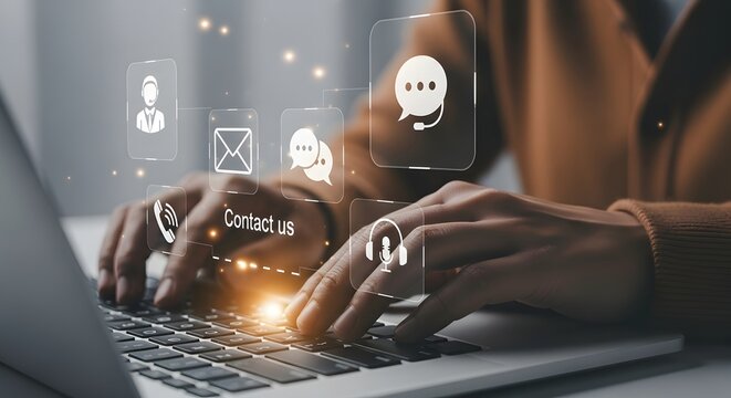 Hands typing on a laptop with digital interface and social media icons