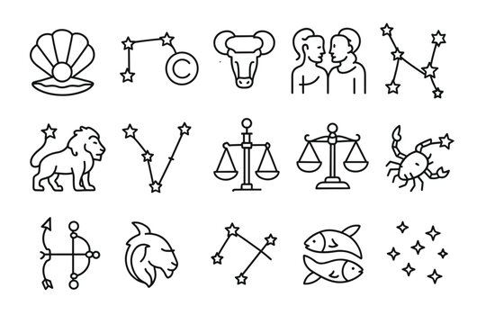 Black and white zodiac symbols illustrating astrology with constellations