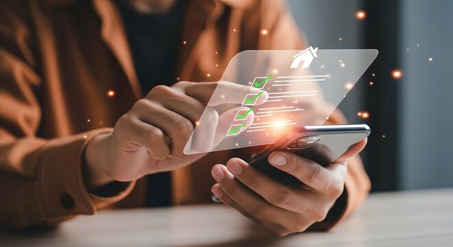 Person analyzing financial data on a smartphone with augmented reality overlay