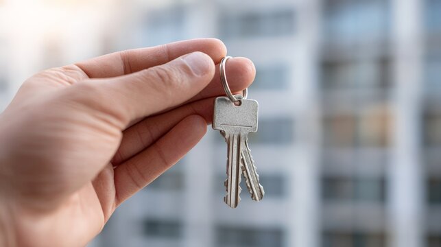 Hand holding two keys on key ring in front of blurred apartment building, representing new home purchase, renting, real estate investment, or mortgage - Powered by Adobe