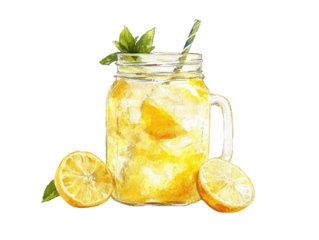 Hand-drawn illustration of lemonade in a glass mason jar.