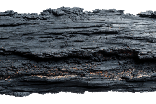 Burnt wood texture nature macro photography dark environment close-up. Isolated on transparent background, png.