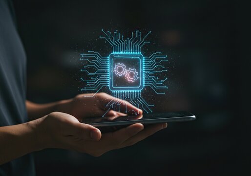 Digital processor chip with gears projected above a tablet held by hands, symbolizing ai technology