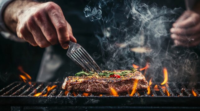 Grilling meat steak over open flame barbecue cooking food preparation smoke fire culinary concept