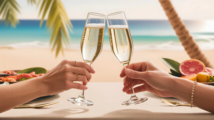 A couple celebrating with a champagne toast at a romantic dinner on a beautiful tropical beach.