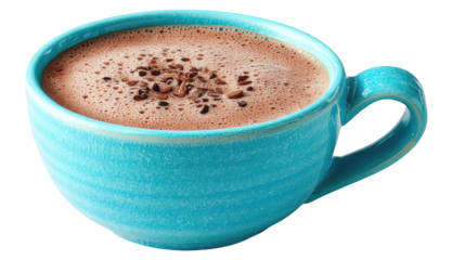 Steaming hot chocolate in a blue mug, cozy winter treat for cold days warm