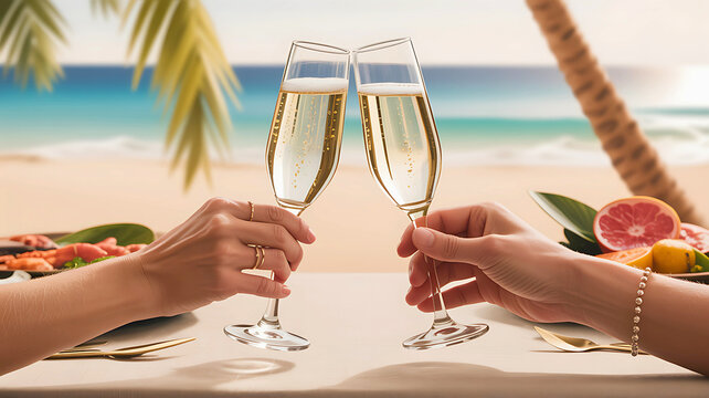 A couple celebrating with a champagne toast at a romantic dinner on a beautiful tropical beach. - Powered by Adobe