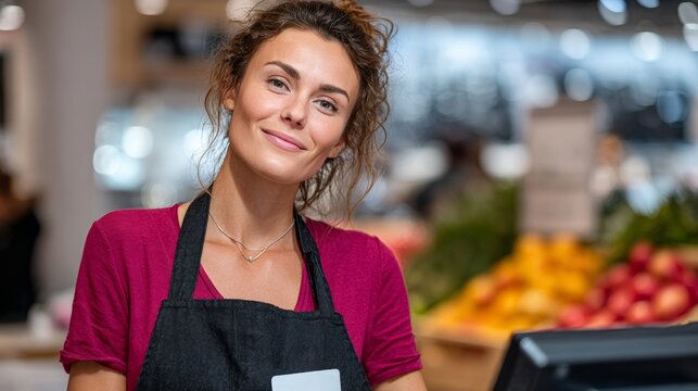 Woman wearing a red shirt and apron stands behind a counter in a grocery store. She is smiling and she is happy