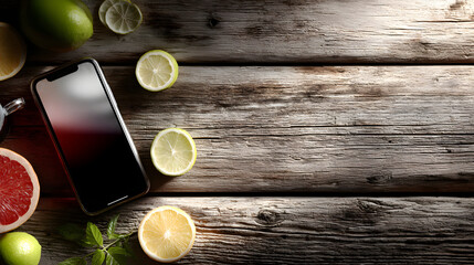 A wooden table, fresh fruits, and a phone showing a drink selection app. Soft grains and warm tones create nostalgia.