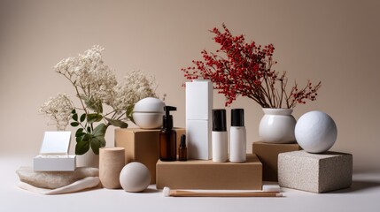 Minimalist skincare and beauty packaging with dried flowers on neutral backdrop wellness selfcare product style