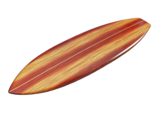 A wooden surfboard with a striking red and gold grain.