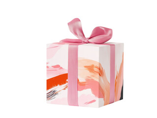 A gift box with a pink ribbon and abstract design.