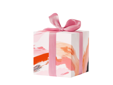 A gift box with a pink ribbon and abstract design.