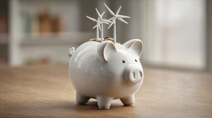 White piggy bank with miniature wind turbines atop, sitting on a wooden table