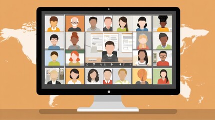 Online meeting on computer screen.  Many faces