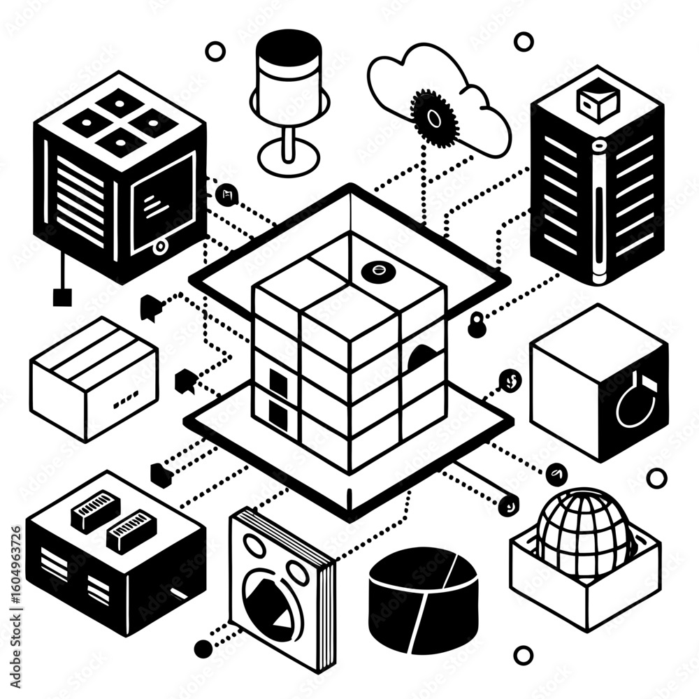 Poster isometric illustration of a complex data processing and storage system with interconnected component