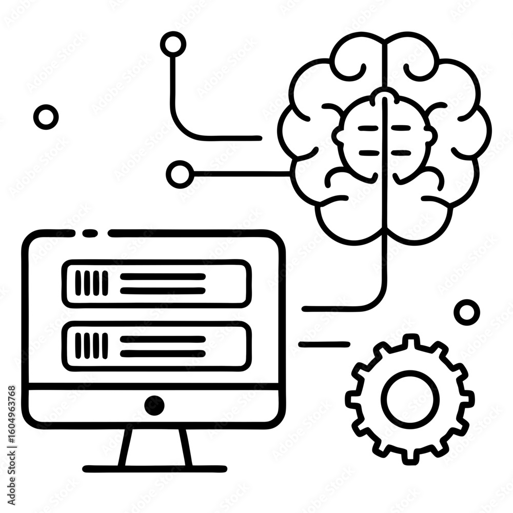 Poster conceptual illustration of artificial intelligence connecting a computer and a brain with a gear sym
