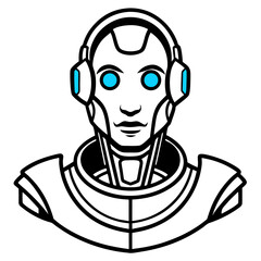 Modern robot head with blue glowing eyes and headphones symbolizing artificial intelligence and technology