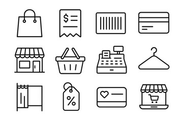 Shopping icons: bag, receipt, barcode, card, storefront, basket, cash register, hanger