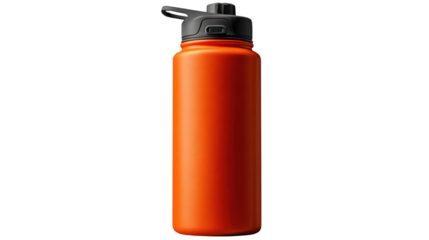 Vibrant orange water bottle, hydration companion on a sleek black background