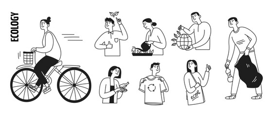 Set of doodle people, men and women. Ecology concept, care for planet Earth and environment protection. Vector isolated illustration
