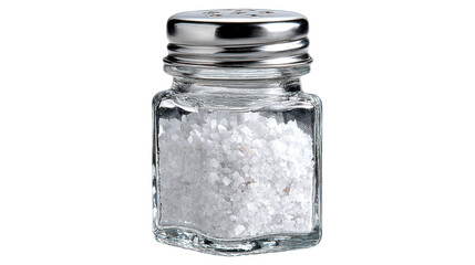 Closeup of a glass jar filled with sparkling salt crystals for culinary purposes