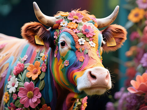 A colorful cow covered in vibrant rainbow patterns and floral decorations, gazing calmly into the camera with blossoms adorning its head and body in a dreamy garden-like environment