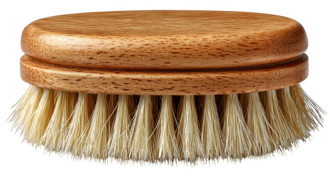 Closeup of a wooden cleaning brush with white bristles, detailed view for household chores