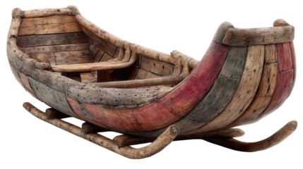 Vibrant red and yellow painted wooden boat, a nostalgic journey on the water rustic