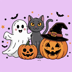 Fun Halloween illustration with ghosts, black cats, pumpkins,