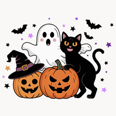 Fun Halloween illustration with ghosts, black cats, pumpkins,