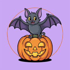  Halloween illustration with Bat  Sitting on a Pumpkin