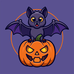  Halloween illustration with Bat  Sitting on a Pumpkin