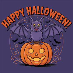  Halloween illustration with Bat  Sitting on a Pumpkin