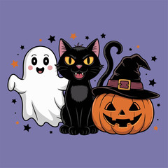 Fun Halloween illustration with ghosts, black cats, pumpkins,