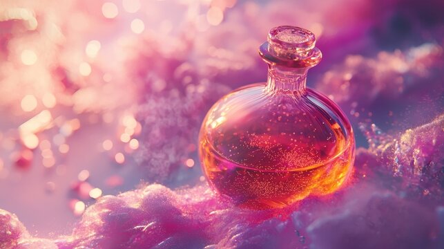 Magical potion bottle in dreamy purple pink landscape mystical fantasy fairytale elixir surreal photography setup