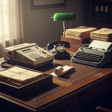 Vintage Office Desk with Retro Technology Typewriter Phone and Fax Machine